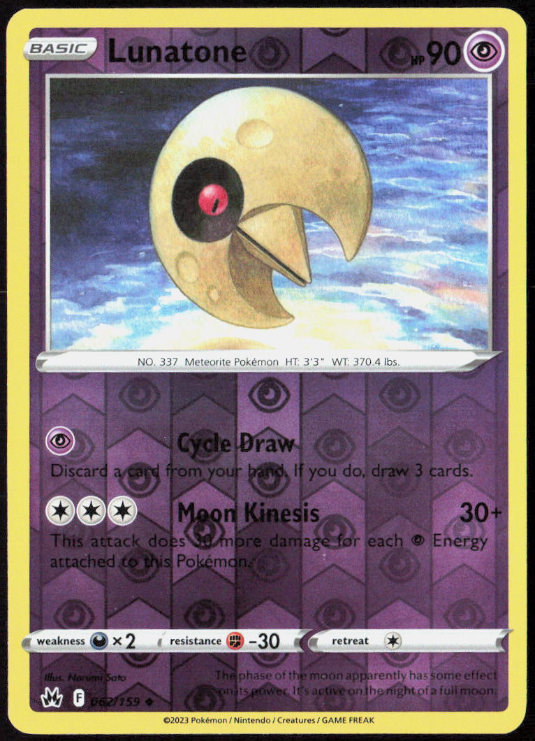 Lunatone Reverse Holo 062/159 SWSH: Crown Zenith Pokemon TCG LP