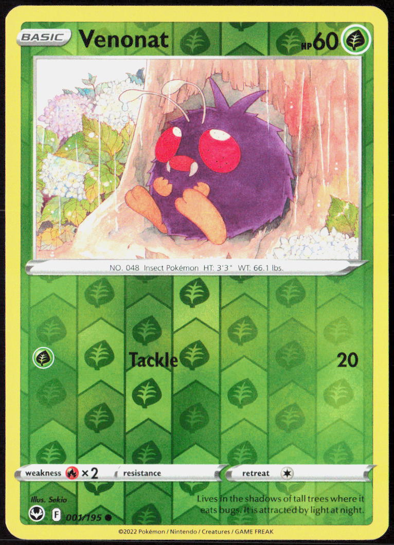 Venonat Reverse Holo 001/195 SWSH12: Silver Tempest Pokemon TCG LP