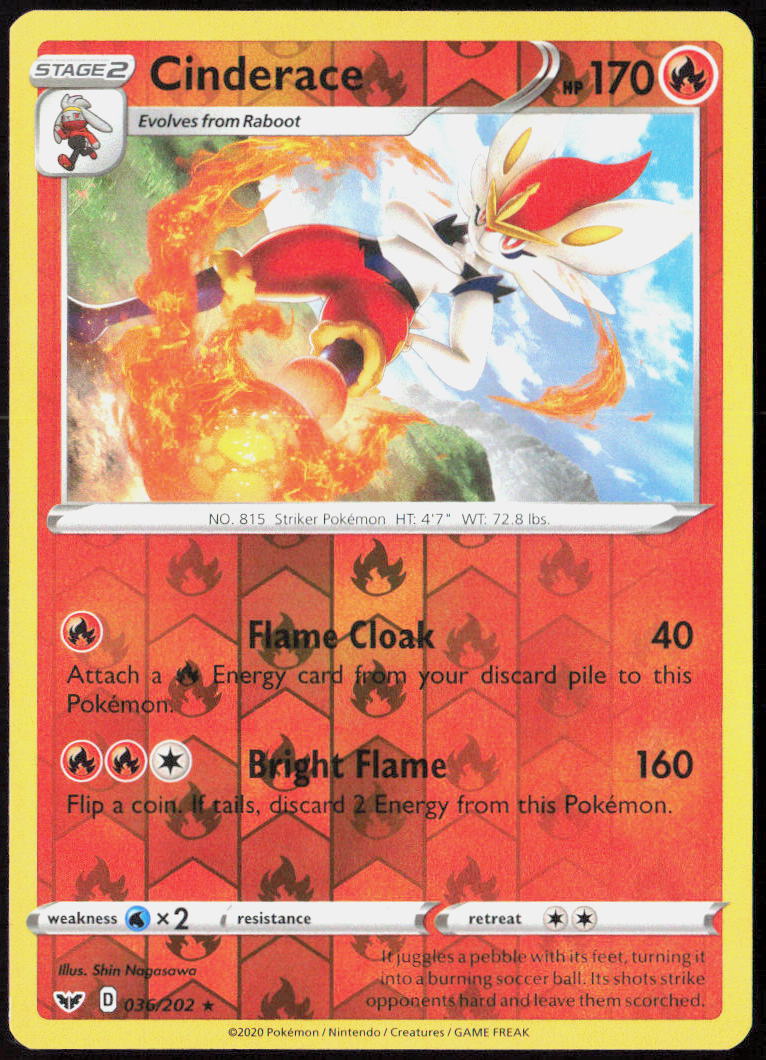 Cinderace (036) Reverse Holo 036/202 Sword & Shield Base Set Pokemon TCG LP