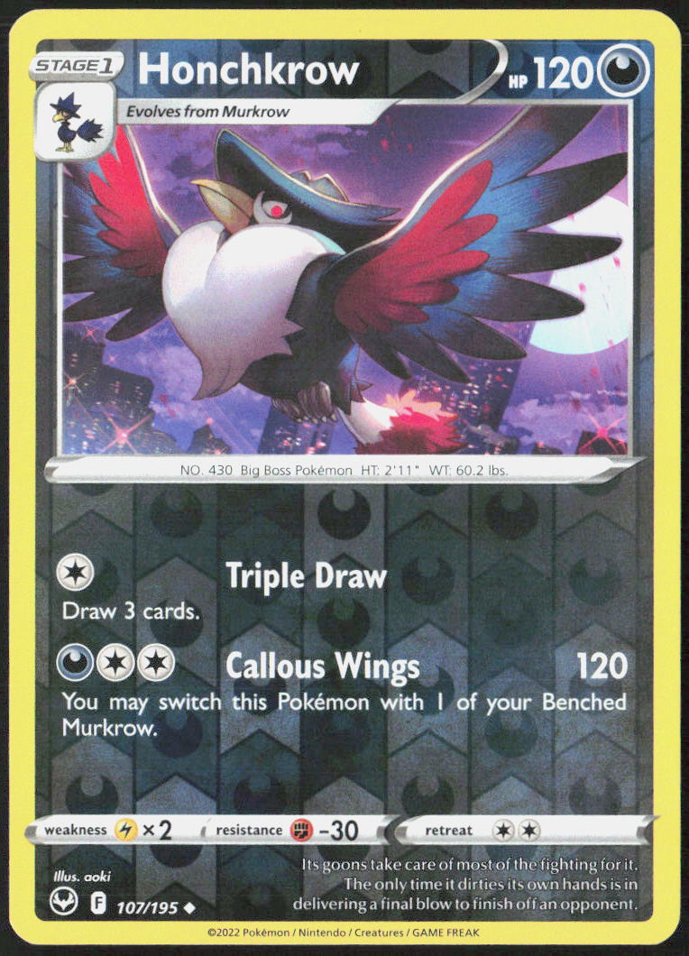 Honchkrow Reverse Holo 107/195 SWSH12: Silver Tempest Pokemon TCG LP