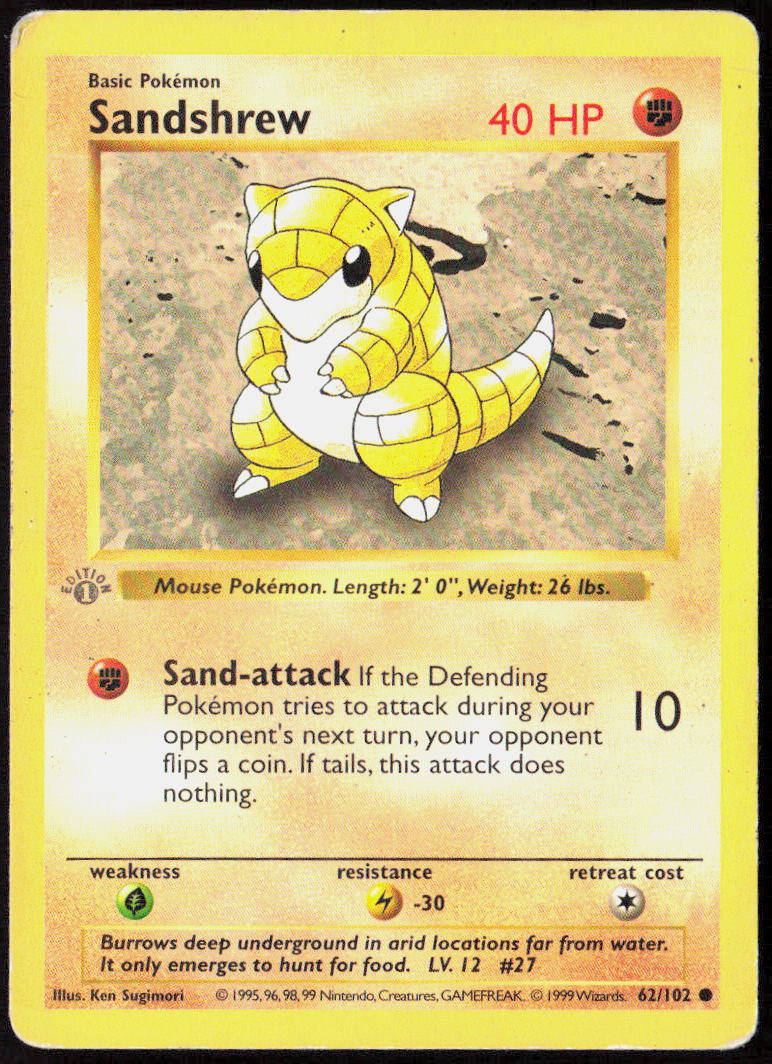 Sandshrew 1st Edition 062/102 Base Set (Shadowless) Pokemon TCG MP