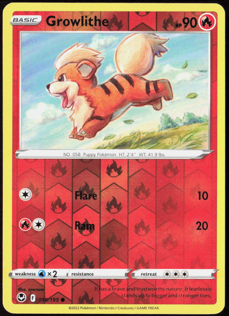 Growlithe Reverse Holo 019/195 SWSH12: Silver Tempest Pokemon TCG LP